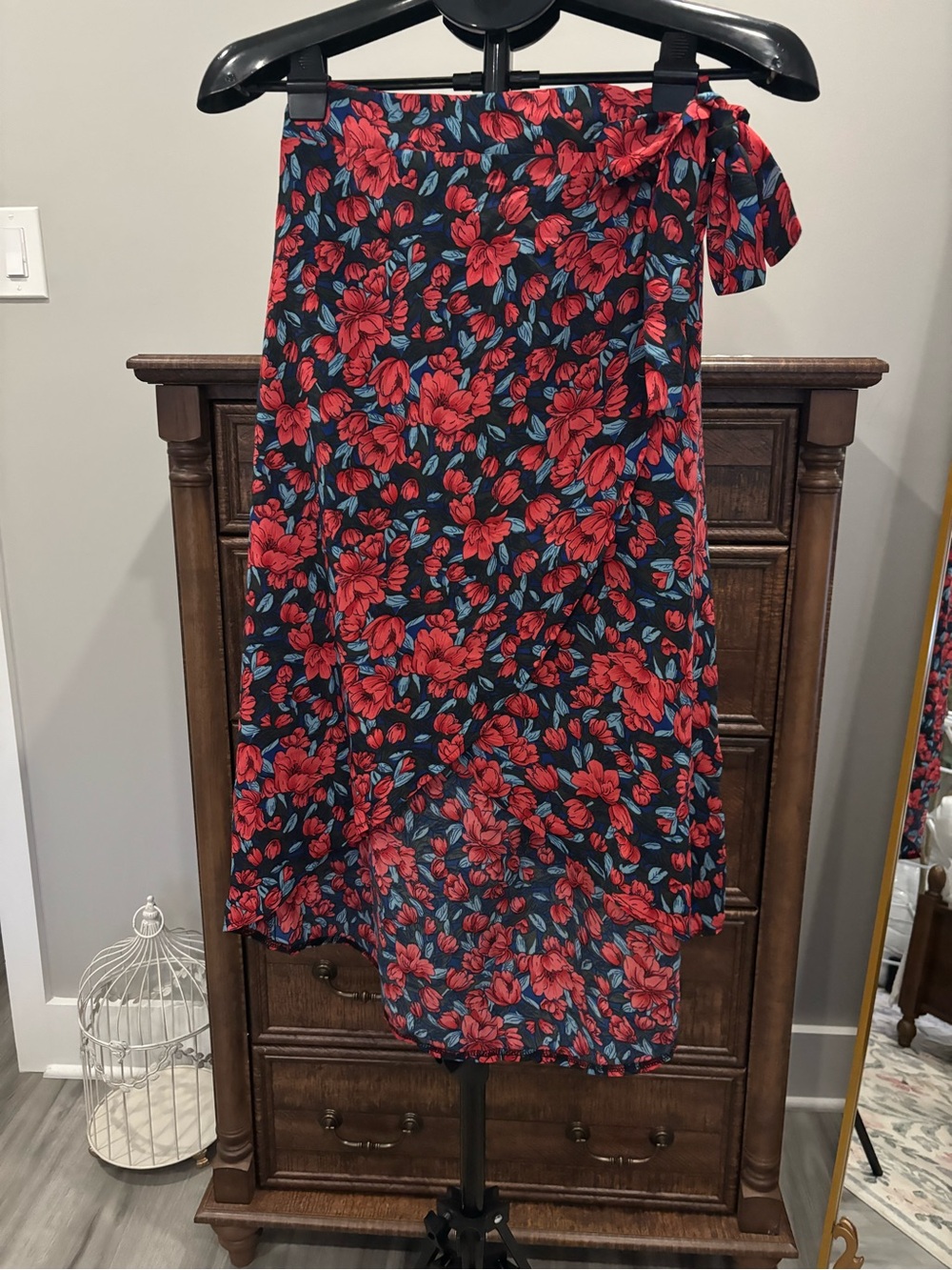 Red Floral Wrap Skirt with Blue Leaf Accents
